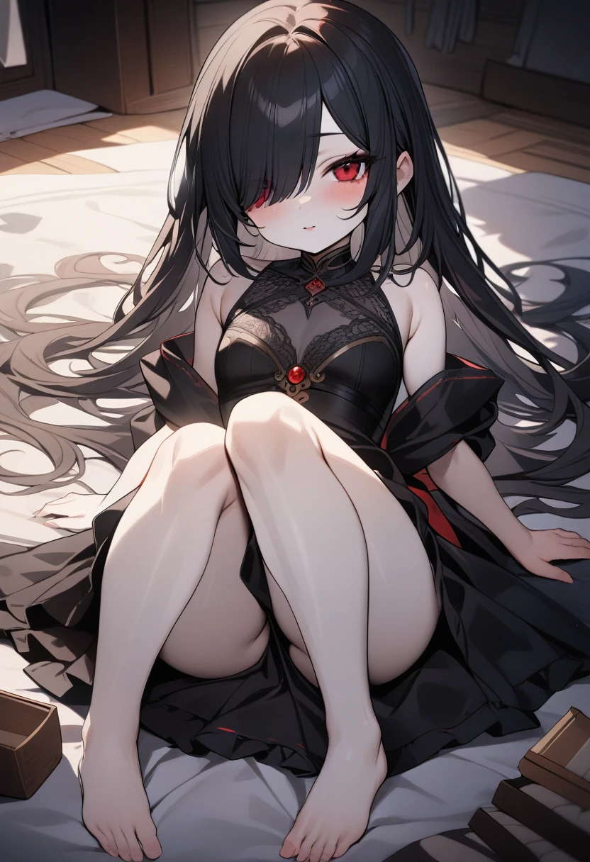 1girl, chibi proportions, chibi, cute, barefoot, pale skin, long hair, black hair, hair over one eye, red eye, intricate detail, masterpiece quality, ultra HD, 4K, best quality