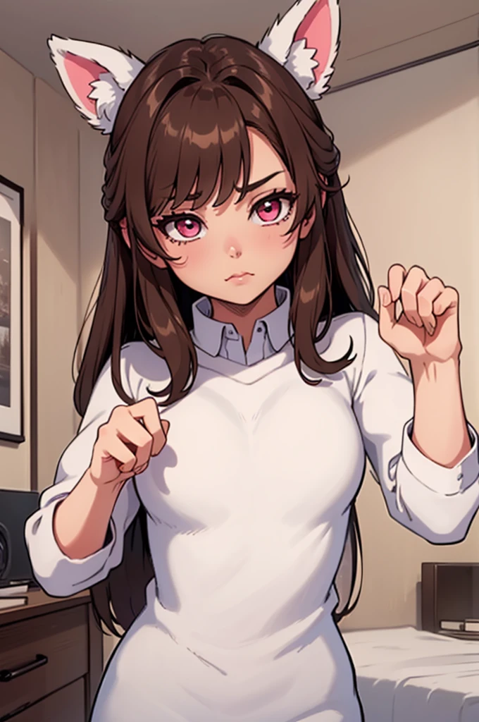 ((masterpiece)), ((detailed, high quality)), girl, cute face:1.2, soft brown hair, super straight hair, ((puppy ears down, floppy ears)), pink eyes, bedroom, close-up, cute pose, very long hair, fluffy bangs, ((dynamic pose))