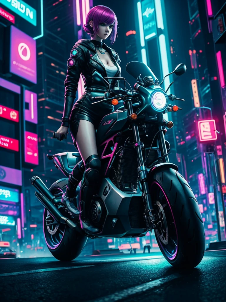 Cyberpunk: A slender girl is driving a futuristic motorcycle, racing through a neon city and firing a gun.