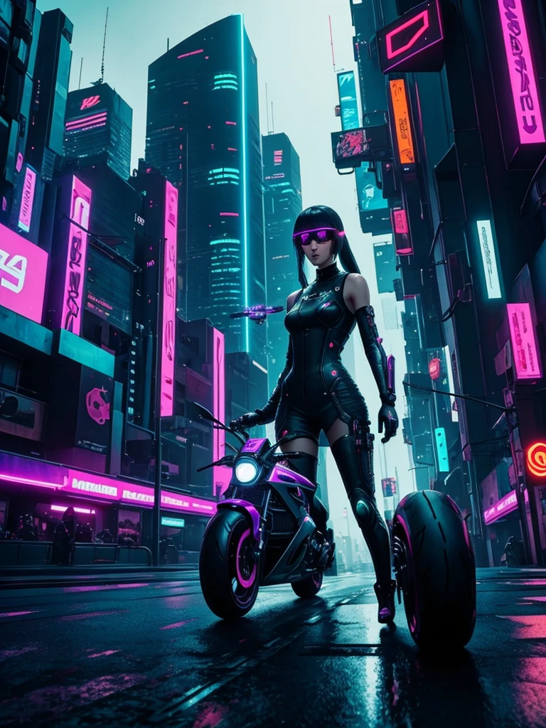 Cyberpunk: A slender girl is driving a futuristic motorcycle, racing through a neon city and firing a gun.