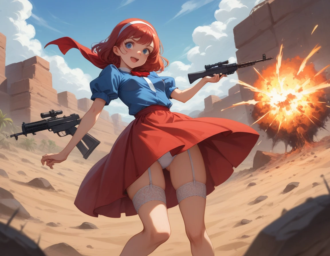 Small breasts、A platoon of girls in bright red military uniforms and long red skirts、Red military uniform and red long skirt、Panty shot、Cute Snow White underwear、garter belt、A girl platoon leader and a soldier equipped with two assault rifles、desert、Black powder explodes on the ground behind him.、Big Explosion、The fuss、Destroy a tank