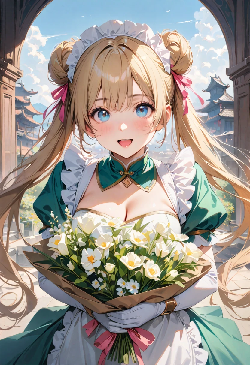 30 years old,1 mature woman,hyperrealistic, 8k, (extremely detailed 8k), (very delicate and beautiful), (masterpiece), (better quality:1.0), (ultra high resolution:1.0), (masterpiece, best quality), cute,blonde,cleavage cutout,(broen dress:1.3),gleaming skin,twintails,twin bun,a pink ribbon on the head,long hair,pastel green chinese maid dress,pastel green chinese dress,white long gloves,hold a bouquet of flowers,face and body straight at the camera,a bunch of flowers,POV,bust shot,white frill,puffy sleeves,laugh with open mouth,tareme,sky blue eyes,short truffle half apron,a gold buckle around someones neck,white corset