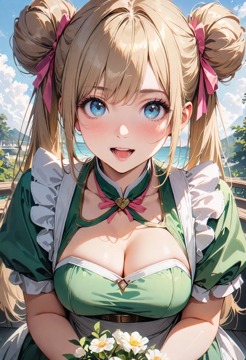 30 years old,1 mature woman,hyperrealistic, 8k, (extremely detailed 8k), (very delicate and beautiful), (masterpiece), (better quality:1.0), (ultra high resolution:1.0), (masterpiece, best quality), cute,blonde,cleavage cutout,(broen dress:1.3),gleaming skin,twintails,twin bun,a pink ribbon on the head,long hair,pastel green chinese maid dress,pastel green chinese dress,white long gloves,hold a bouquet of flowers,face and body straight at the camera,a bunch of flowers,POV,bust shot,white frill,puffy sleeves,laugh with open mouth,tareme,sky blue eyes,short truffle half apron,a gold buckle around someones neck,white corset