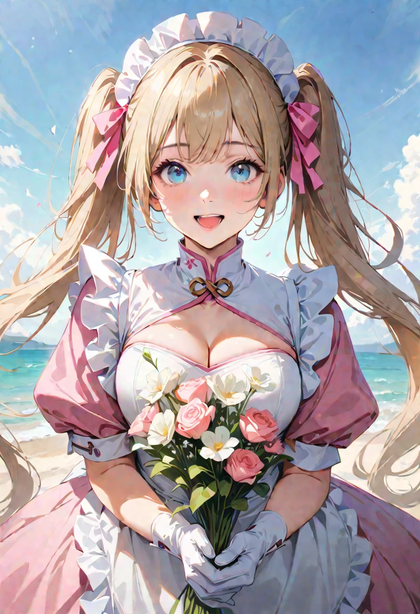 30 years old,1 mature woman,hyperrealistic, 8k, (extremely detailed 8k), (very delicate and beautiful), (masterpiece), (better quality:1.0), (ultra high resolution:1.0), (masterpiece, best quality), cute,blonde,cleavage cutout,(broen dress:1.3),gleaming skin,twintails,twin bun,a pink ribbon on the head,long hair,pastel green chinese maid dress,pastel green chinese dress,white long gloves,hold a bouquet of flowers,face and body straight at the camera,a bunch of flowers,POV,bust shot,white frill,puffy sleeves,laugh with open mouth,tareme,sky blue eyes,short truffle half apron,a gold buckle around someones neck,white corset