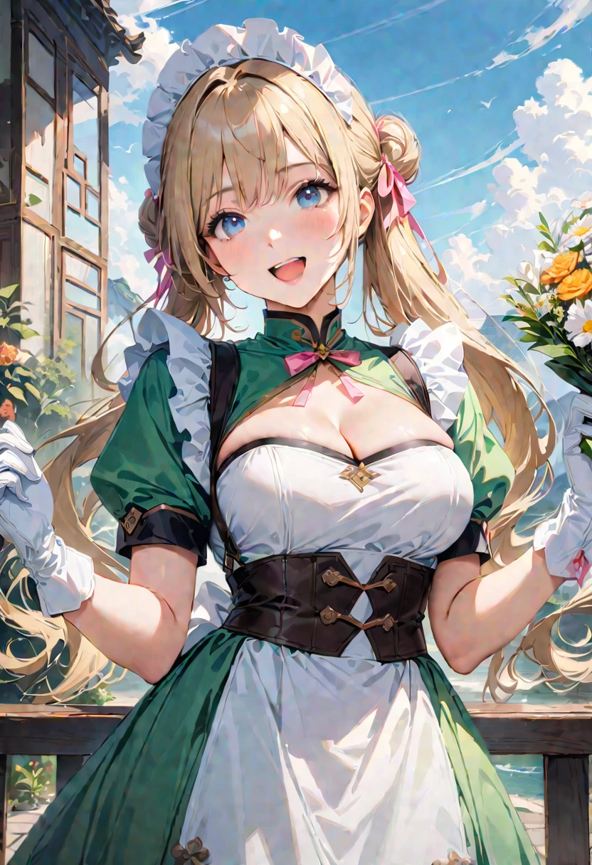 30 years old,1 mature woman,hyperrealistic, 8k, (extremely detailed 8k), (very delicate and beautiful), (masterpiece), (better quality:1.0), (ultra high resolution:1.0), (masterpiece, best quality), cute,blonde,cleavage cutout,(broen dress:1.3),gleaming skin,twintails,twin bun,a pink ribbon on the head,long hair,pastel green chinese maid dress,pastel green chinese dress,white long gloves,hold a bouquet of flowers,face and body straight at the camera,a bunch of flowers,POV,bust shot,white frill,puffy sleeves,laugh with open mouth,tareme,sky blue eyes,short truffle half apron,a gold buckle around someones neck,white corset