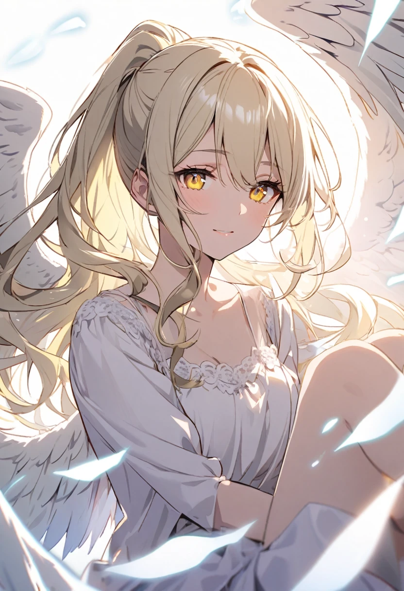 girl, ponytail. white aura, angel, angel wings, yellow eyes, whita hair , long hair, beautiful, relaxing face,