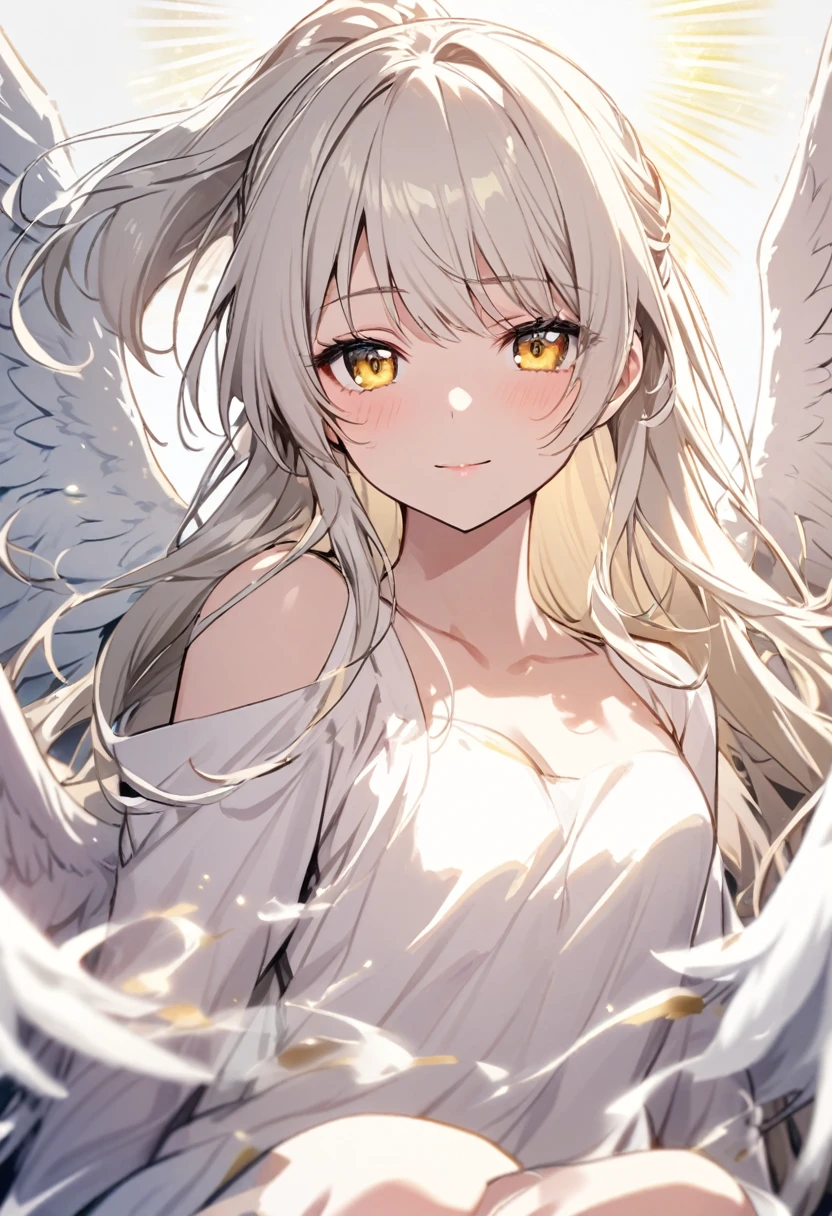 girl, ponytail. white aura, angel, angel wings, yellow eyes, whita hair , long hair, beautiful, relaxing face,