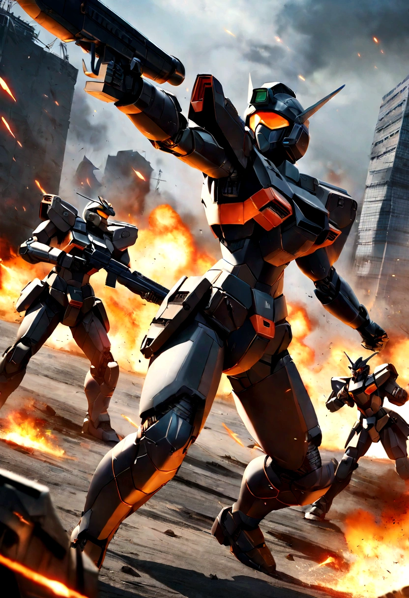 (masterpiece), best quality, expressive eyes, perfect face, perfect body, perfect arms, perfect legs, perfect hands 4k quality a male tech soldier dressed in black and red techwear shooting on a battlefield, at war, with mechas (gundam) (Armored Core) mechs flying in the air over the battlefield, (action sequence,) In a (fight scene) a of high tech hooded woman in an all black jumpsuit and black high heels orange visor and black facemask outfit the camera is a medium shot, wide angle with an anamorphic lens, setting is a hyper futuristic high tech megacity, with buildings exploding and on fire in the background, hi res, ultrasharp 8K high quality, movie, anime, gunfight, large scale battle, ground forces, soldiers, multiple soldiers fighting on a futurist battlefront, large scale war in background, military vehicles