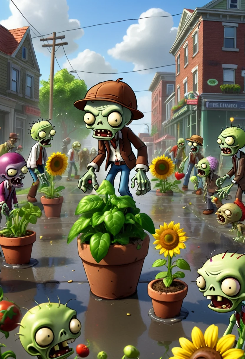 (game, "Plants vs. Zombies"), harmonious scenes where zombies and plants coexist harmoniously, sharing sunlight and rain, showcasing a world full of love and peace, full body, (Photography), panoramic view, award-winning, cinematic still, emotional, vignette, dynamic, vivid, (masterpiece, best quality, Professional, perfect composition, very aesthetic, absurdres, ultra-detailed, intricate details:1.3)