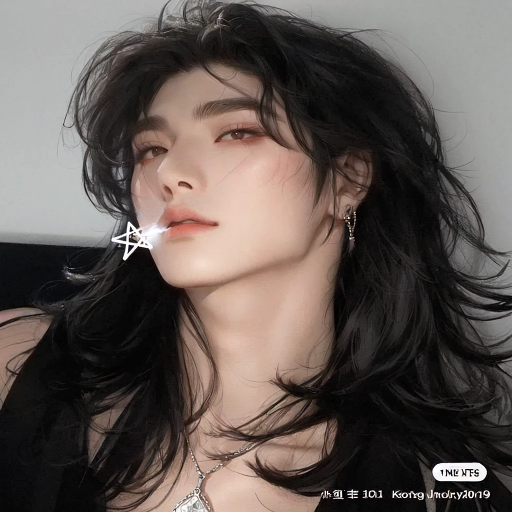 arafed man with a cigarette in his mouth and a necklace on his neck, cai xukun, steven jung, huge earrings and queer make up, androgynous face, taken in the early 2020s, androgynous person, with very thin lips, janice sung, sui ishida with black hair, (12x) extremely pale white skin, the boyz, SohnEric, tbz Eric, BTS, kpop boy, Korean face, Korean male, Korean male face