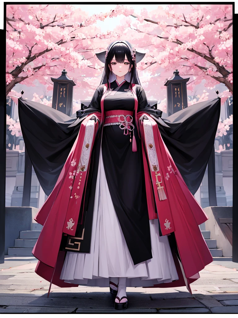 best quality, character design sheet, adult woman、No hat on, Black and pink hair, whole body, Head to Toe, Fortuneteller、Standing facing forward, Beautiful black dress, long Black Hair, Pure white background, from front, best quality, Cherry blossom pattern、Japanese、Adult Japanese、Clear eyes、Standing facing forward、The face is facing forward、holding a magic card in hand、White background、Black western dress、Neutral face、Black hair with pink inner color