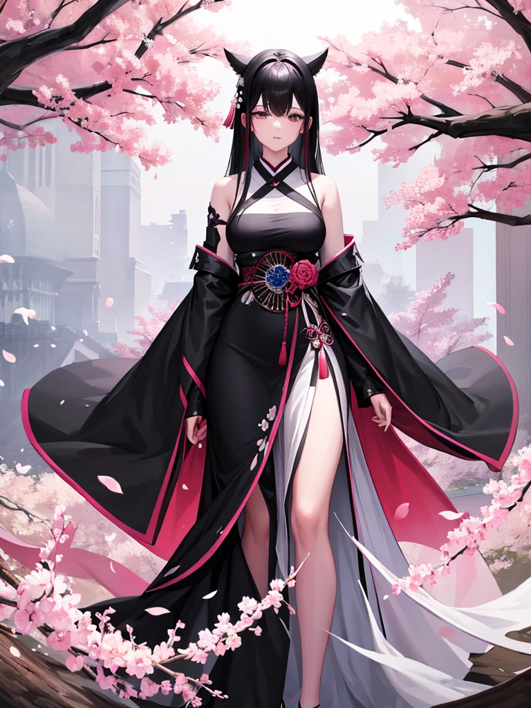 best quality, character design sheet, adult woman、No hat on, Black and pink hair, whole body, Head to Toe, Fortuneteller、Standing facing forward, Beautiful black dress, long Black Hair, Pure white background, from front, best quality, Cherry blossom pattern、Japanese、Adult Japanese、Clear eyes、Standing facing forward、The face is facing forward、holding a magic card in hand、White background、Black western dress、Neutral face、Black hair with pink inner color