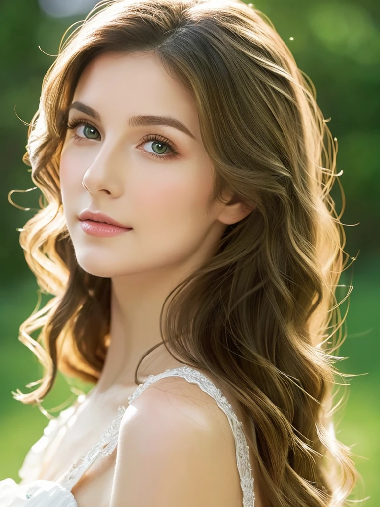 Beautiful realistic European, with facial harmonization, green eyes, Long wavy black hair, small nose, beautiful and full lips, White skin, sexy full body