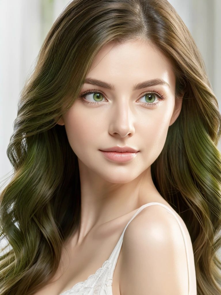 Beautiful realistic European, with facial harmonization, green eyes, Long wavy black hair, small nose, beautiful and full lips, White skin,  full body 