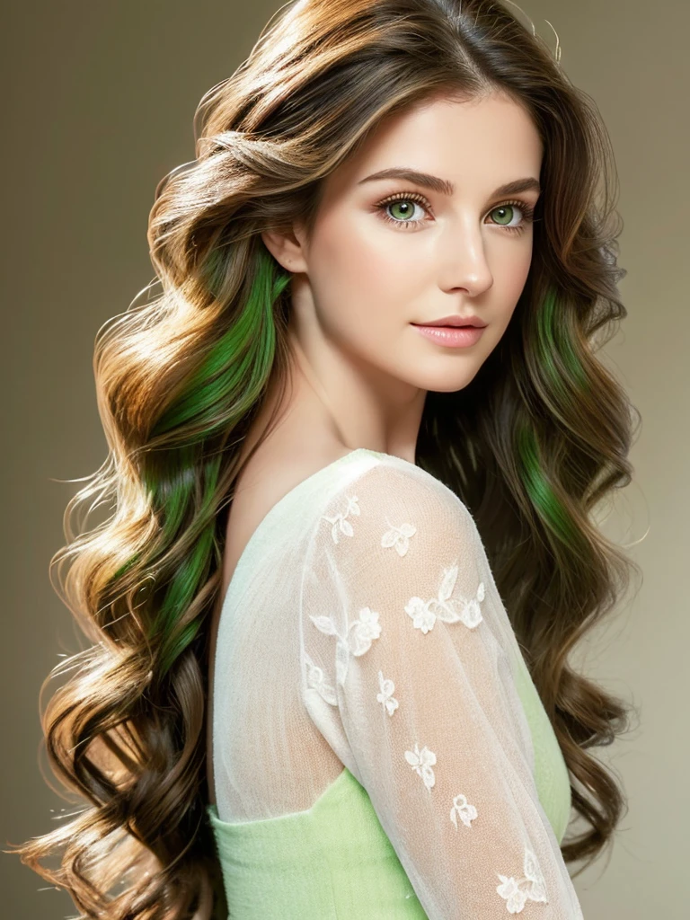 Beautiful realistic European, with facial harmonization, green eyes, Long wavy black hair, small nose, beautiful and full lips, White skin, sexy full body