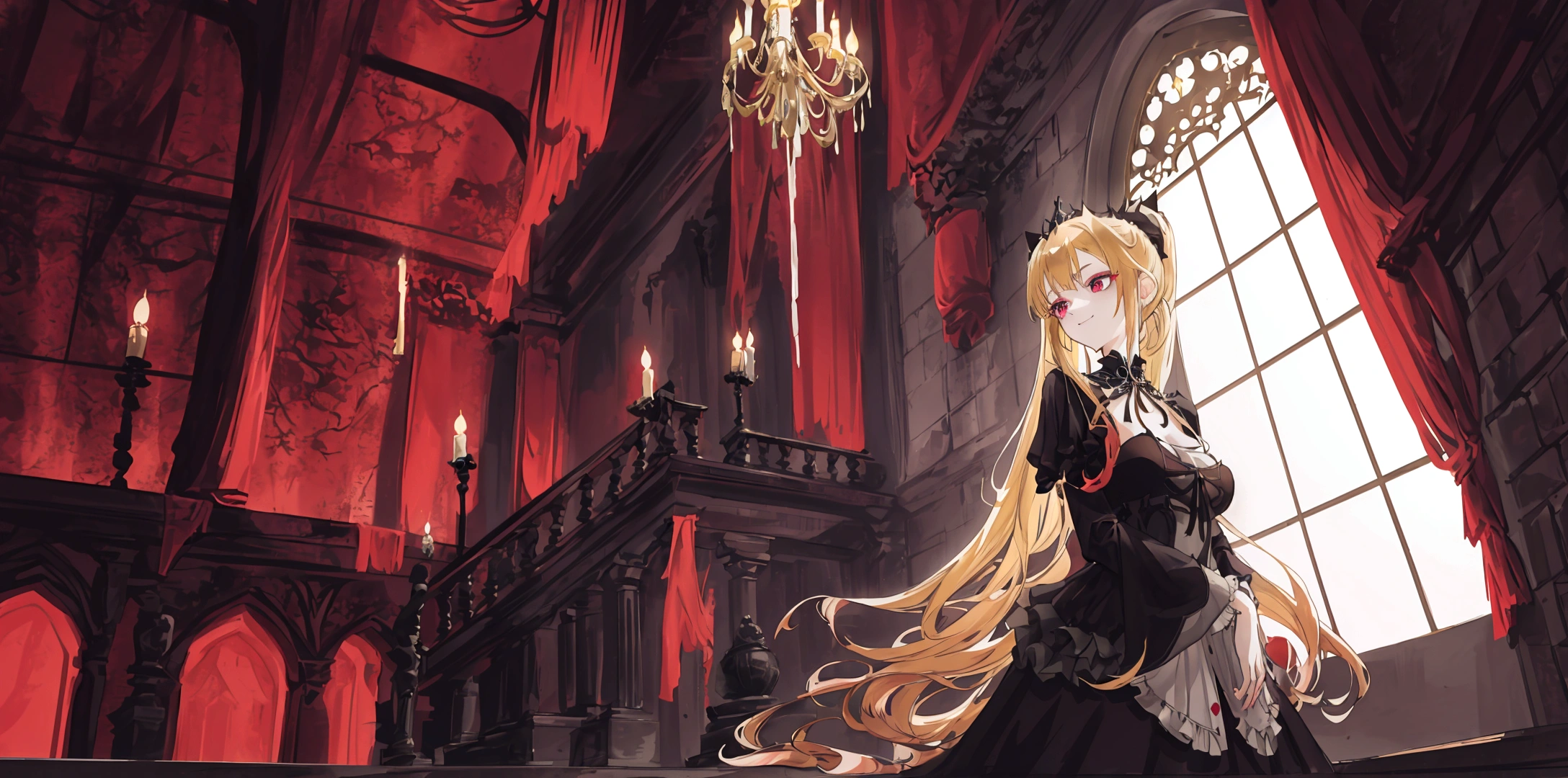 An anime-style princess with long, flowing blonde hair in a ponytail, standing gracefully inside a grand, dimly lit castle. She is wearing an elegant, Gothic-style dress with intricate details and dark colors. The princess has soft, pale red eyes and a sly, mischievous smile on her face, showing her defiance and strength. Through the tall, arched windows with heavy drapes, a red full moon can be seen, adding a mysterious and eerie atmosphere. The background features ancient stone walls and opulent decorations that exude a sense of eerie elegance and timeless royalty.