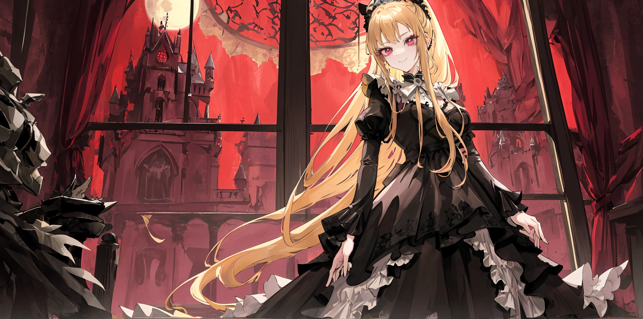 An anime-style princess with long, flowing blonde hair in a ponytail, standing gracefully inside a grand, dimly lit castle. She is wearing an elegant, Gothic-style dress with intricate details and dark colors. The princess has soft, pale red eyes and a sly, mischievous smile on her face, showing her defiance and strength. Through the tall, arched windows with heavy drapes, a red full moon can be seen, adding a mysterious and eerie atmosphere. The background features ancient stone walls and opulent decorations that exude a sense of eerie elegance and timeless royalty.