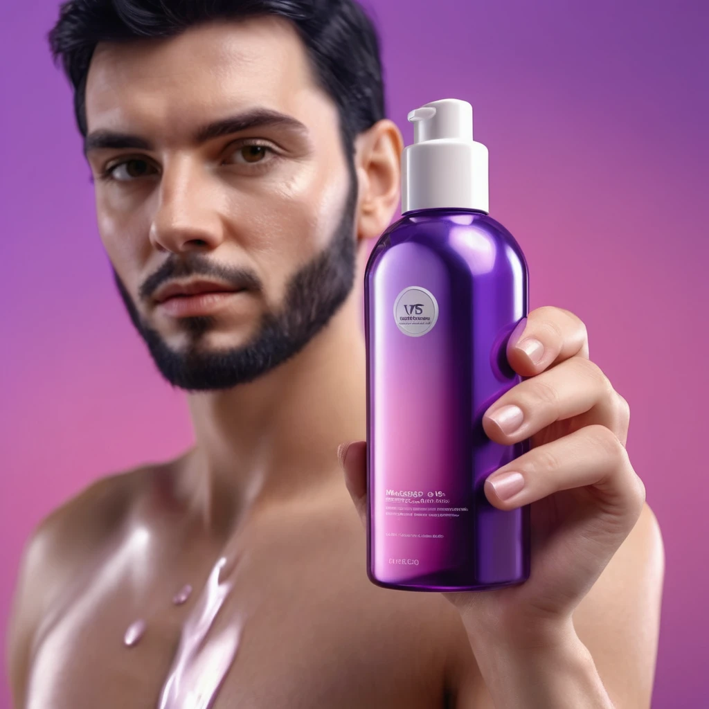 bottle of massage oil in his hand, blackhair sporty white European male hands holding purple bottle of massage oil to her face, that is glowing with pink and purple colours, dripping wet, closeup macro photo, minimalistic, in a light purple and pink style, with soft edges and blurred details, in the toycore style, with a 3D render, on a colorful background, with a minimalist stage design, in a surreal style, with a cinema4D rendering, with a minimalist style, with low saturation, using gradient colors, with a cinema4D rendering, with a blender rendering, with super detail, at a super high resolution, at a super high definition