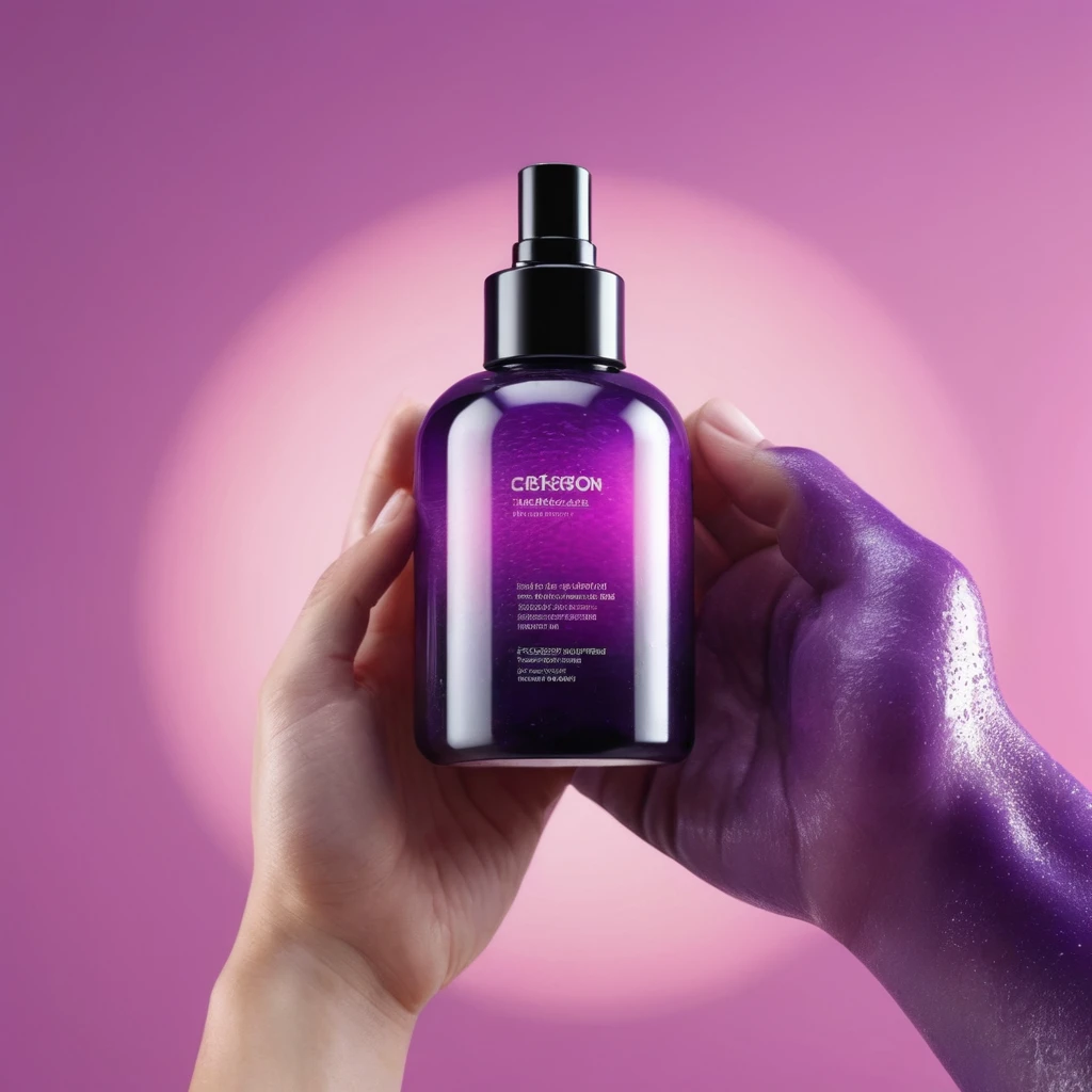 bottle of massage oil in his hand, blackhair white European male hands holding purple bottle of massage oil to her face, that is glowing with pink and purple colours, dripping wet, closeup macro photo, minimalistic, in a light purple and pink style, with soft edges and blurred details, in the toycore style, with a 3D render, on a colorful background, with a minimalist stage design, in a surreal style, with a cinema4D rendering, with a minimalist style, with low saturation, using gradient colors, with a cinema4D rendering, with a blender rendering, with super detail, at a super high resolution, at a super high definition
