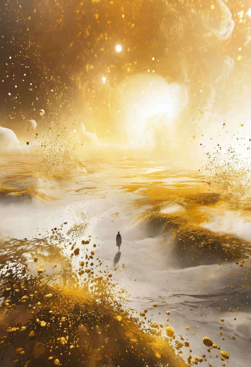 On the empty wasteland,Surrounded by many hazy golden particles floating in the air,Mysterious atmosphere,Hazy abstract future beauty