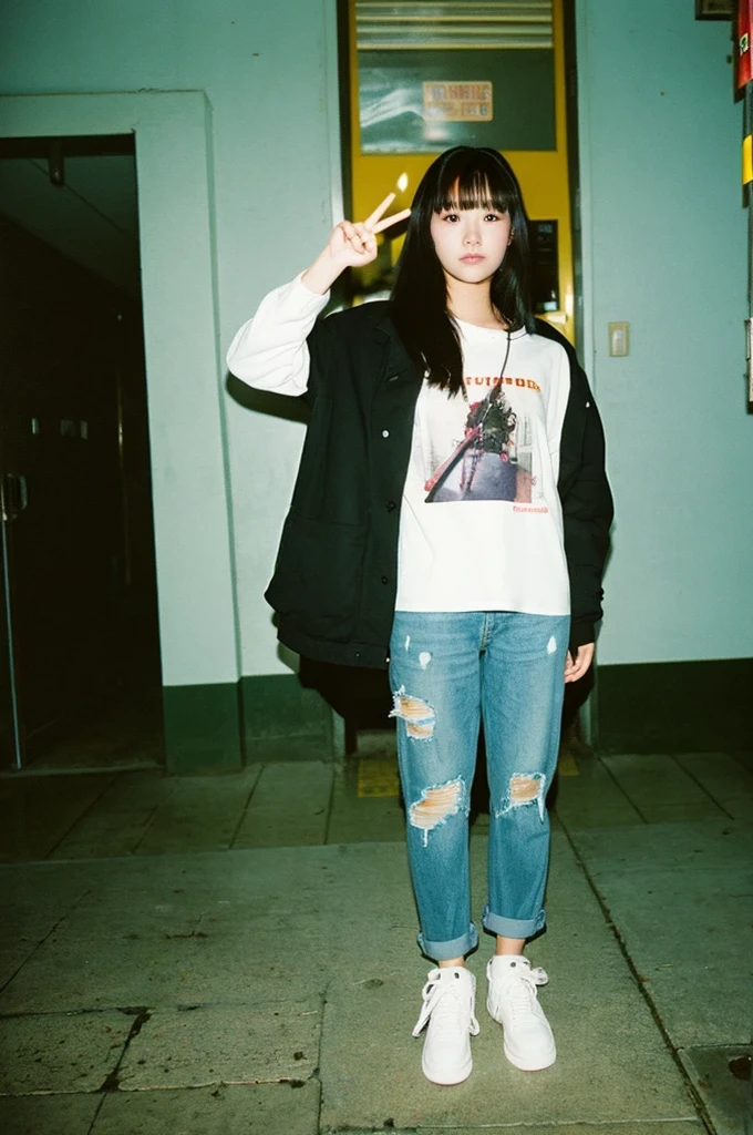 beautiful face:1.2,Full Body Shot, full body, girl, , fujicolor photo, fujicolor with flash, fujicolor sample, iso400, taken with a disposable camera, low quality photo, low quality photograph, photograph35mm, 35mm color, 3 5 mm color, photo 35mm, disposable camera photo, color 3 5 mm, taken with a pentax k1000, raise middle finger, rock clothes, girl