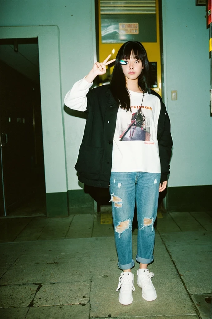 beautiful face:1.2,Full Body Shot, full body, girl, , fujicolor photo, fujicolor with flash, fujicolor sample, iso400, taken with a disposable camera, low quality photo, low quality photograph, photograph35mm, 35mm color, 3 5 mm color, photo 35mm, disposable camera photo, color 3 5 mm, taken with a pentax k1000, raise middle finger, rock clothes, girl