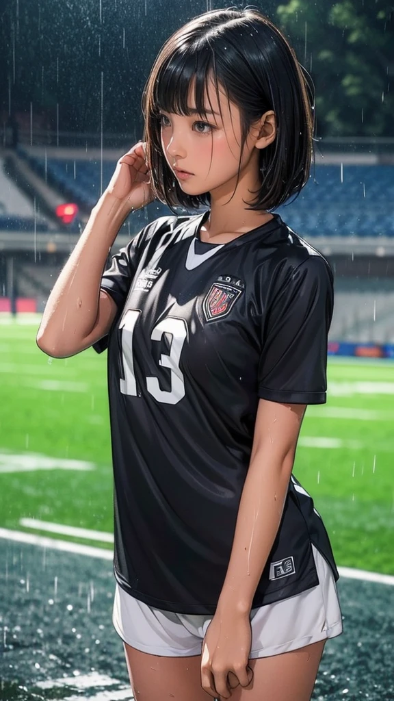 ((-yeld gi Very slim)), rain, heavy rain, Black Hair, Bobcut, Football Stadium, (Soccer uniforms, White, Wet Hair, Wet Skin, Wet clothes)