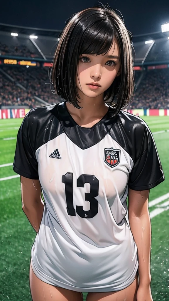 ((-yeld gi Very slim)), rain, heavy rain, Black Hair, Bobcut, Football Stadium, (Soccer uniforms, White, Wet Hair, Wet Skin, Wet clothes)