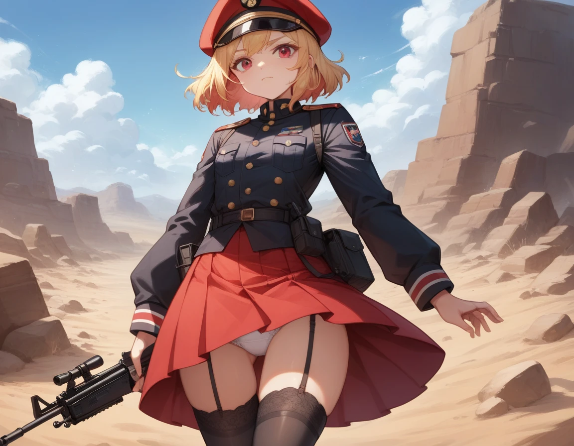 Small breasts、A platoon of girls in bright red military uniforms and long red skirts、Red military uniform and red long skirt、Panty shot、Cute snow-white underwear、garter belt、A pair of girl platoon leaders and soldiers equipped with two assault rifles、desert、Black powder explosion on the ground behind、Big Explosion、A big uproar、Destroy a Tank