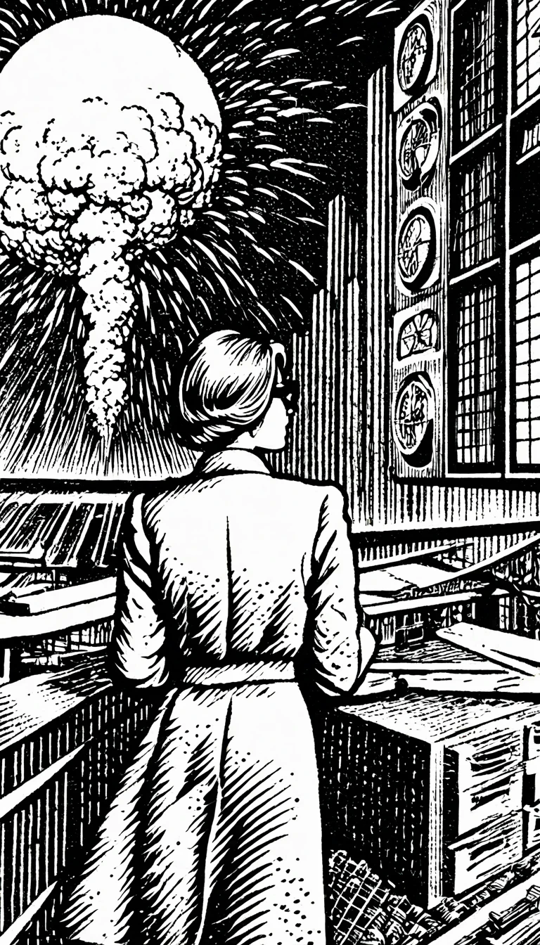 (Black and white woodcut:1.5)、(Second floor in black and white.)、foreground, dark and sinister atmosphere、profile face of a female nuclear scientist, with short hair,  with dark protection googles, wearing long white coat with gloves, Lost look, wearing long skirt , next to an atomic bomb with radiation symbols., Mysterious、