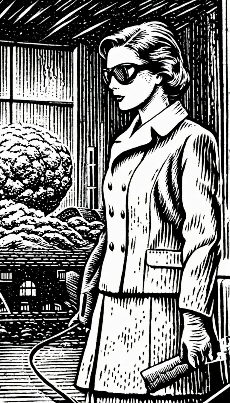 (Black and white woodcut:1.5)、(Second floor in black and white.)、foreground, dark and sinister atmosphere、profile face of a female nuclear scientist, with short hair,  with dark protection googles, wearing long white coat with gloves, Lost look, wearing long skirt , next to an atomic bomb with radiation symbols., Mysterious、