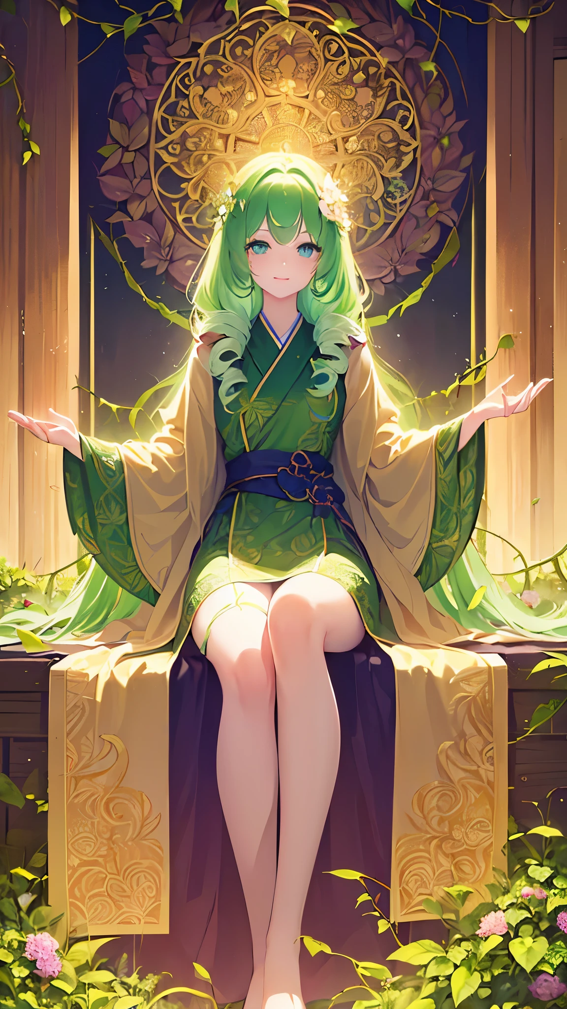 Name: Sakura-Megumi
Element: VERDANTHIA
Description: A gentle and graceful guardian of the forest, Sakura-Megumi is known for her calming presence and healing touch. With vines and flowers intertwined in her long, wavy hair, she protects the forest and nurtures its inhabitants.
Prompt: ((((Artful masterpiece, highest quality, ultrahigh resolution)))), 1girl, serene, sitting, (pink and green hair woven with flowers, long wavy hair), fair complexion, ((emerald green eyes)), ((glowing_eyes)), (((ultra detailed eyes:0.8, beautiful and detailed face, detailed eyes:0.9))), ((three-quarter view)), (close-up), backward view, (((inside, forest, blooming flowers:0.9))), medium breasts, looking at hands, ((opened palms)), ((long legs crossed)), ((wearing a robe of leaves and vines)), lively and vibrant colors, beautiful lighting, indoors, forest, (((intricate details))), 23 years old, (smiling gently), (((warm))), ((gentle))