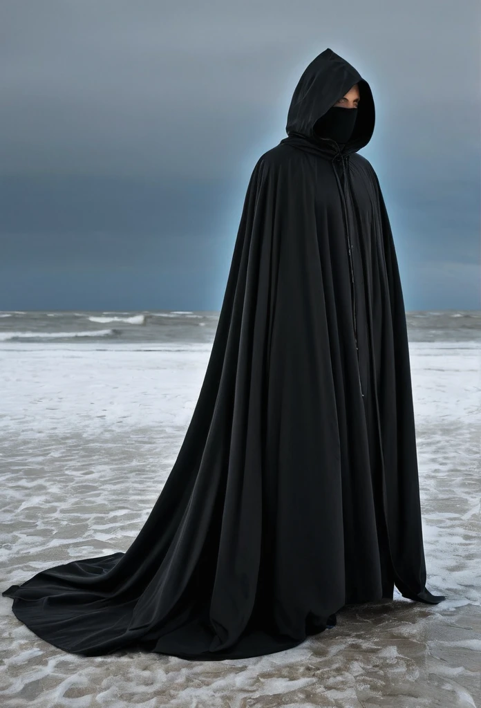 a picture of a person in a black robe, wearing cloak, wearing a flowing cloak,half of the body is not visible where cloak is worn, cloaked,invisible cloak similar to harry potter invisibilty cloak, wearing cloak on blasted plain, technology cloak, cloak covering face, cloak flittering in the wind, cloaked dark winter night, very long white cloak, wearing cloak and hood, white cloak
