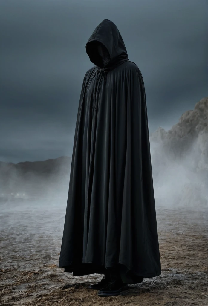 a picture of a person in a black robe, wearing cloak, wearing a flowing cloak,half of the body is not visible where cloak is worn, cloaked,invisible cloak similar to harry potter invisibilty cloak, wearing cloak on blasted plain, technology cloak, cloak covering face, cloak flittering in the wind, cloaked dark winter night, very long white cloak, wearing cloak and hood, white cloak