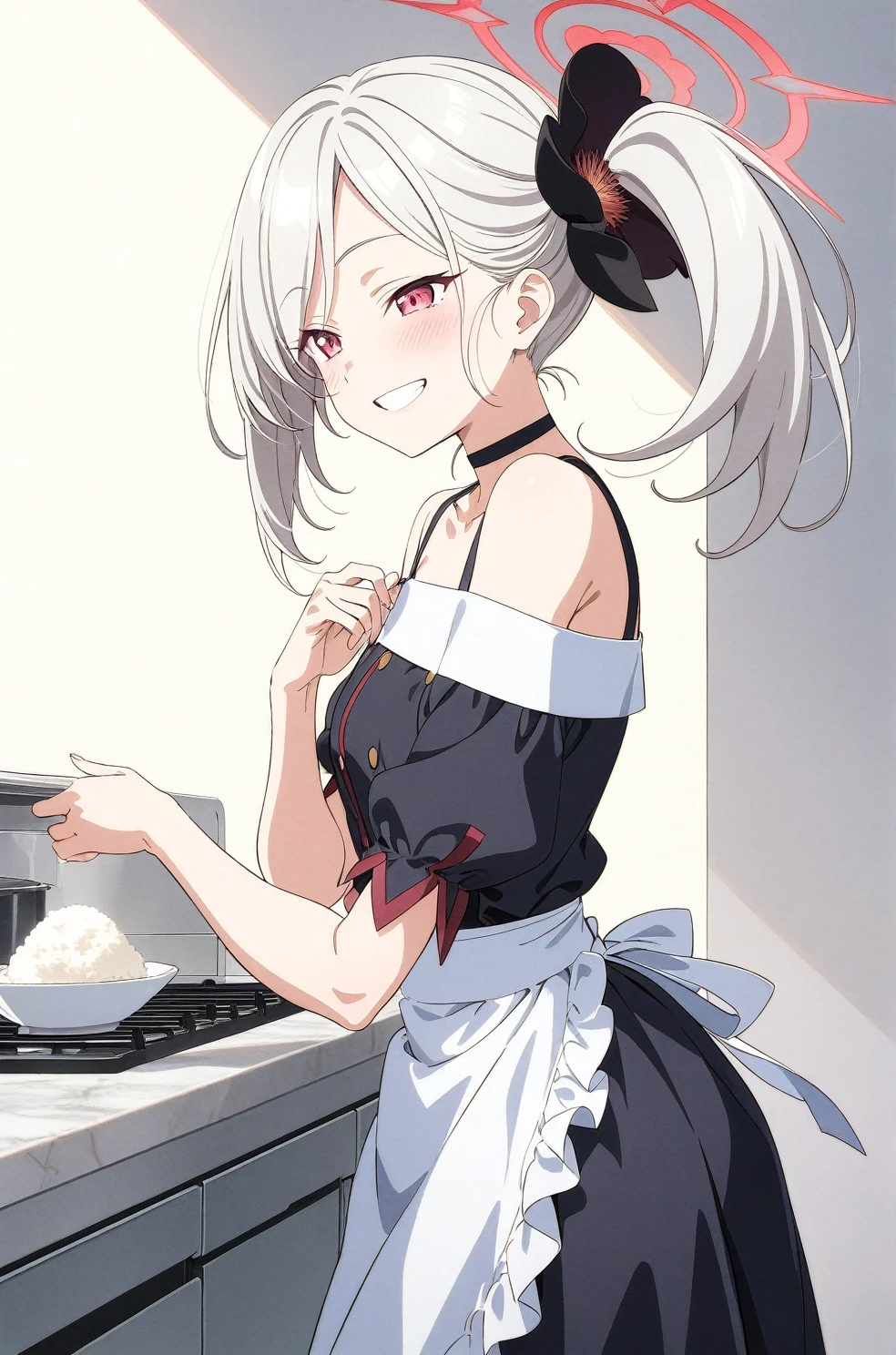 best quality, amazing quality, very aesthetic, absurdres, (1girl, mutsuki, blue archive, solo, red eyes, white hair, side ponytail),(off-shoulder dress:1.8),dress lift, (grin, blush, thigh:1.3), (cowboy shot), (glowing eyes), (half closed eyes:0.9), (from side:2),(official art:1.3), (kitchen), expressive eyes, perfect face, 4k, extremely detailed anime illustration, extremely detailed eyes, perfect anatomy, light rays, extremely delicate body, smooth skin, (simple background:1.5), clear eyes, beautiful face, small breasts,(anime style:1.7), (Warm Light:1.5), (highres:2), In the kitchen, brightly lit by the morning sun, a woman in a white apron is smiling at us. In her right hand is a handful of rice balls, and in her left is a small white plate filled with salt. Her smile is as if she is saying, "Look, it's almost ready.