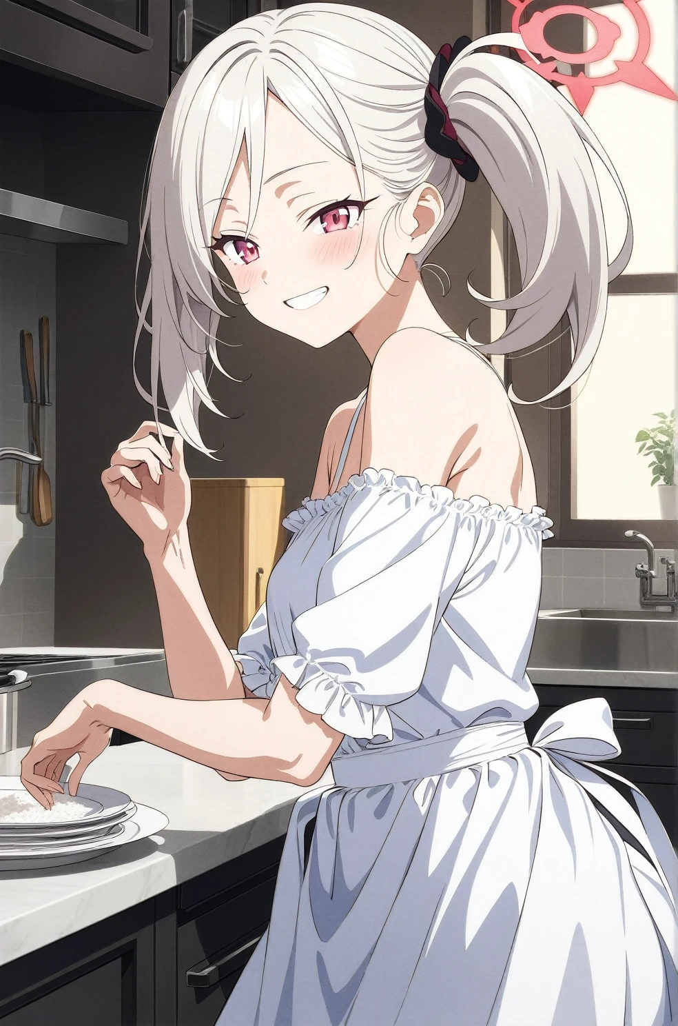 best quality, amazing quality, very aesthetic, absurdres, (1girl, mutsuki, blue archive, solo, red eyes, white hair, side ponytail),(off-shoulder dress:1.8),dress lift, (grin, blush, thigh:1.3), (cowboy shot), (glowing eyes), (half closed eyes:0.9), (from side:2),(official art:1.3), (kitchen), expressive eyes, perfect face, 4k, extremely detailed anime illustration, extremely detailed eyes, perfect anatomy, light rays, extremely delicate body, smooth skin, (simple background:1.5), clear eyes, beautiful face, small breasts,(anime style:1.7), (Warm Light:1.5), (highres:2), In the kitchen, brightly lit by the morning sun, a woman in a white apron is smiling at us. In her right hand is a handful of rice balls, and in her left is a small white plate filled with salt. Her smile is as if she is saying, "Look, it's almost ready.