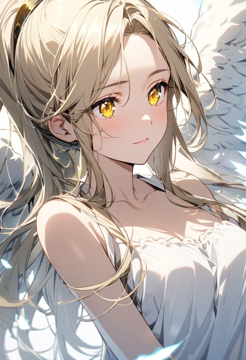 girl, ponytail. white aura, angel, angel wings, yellow eyes, whita hair , long hair, beautiful, relaxing face, 