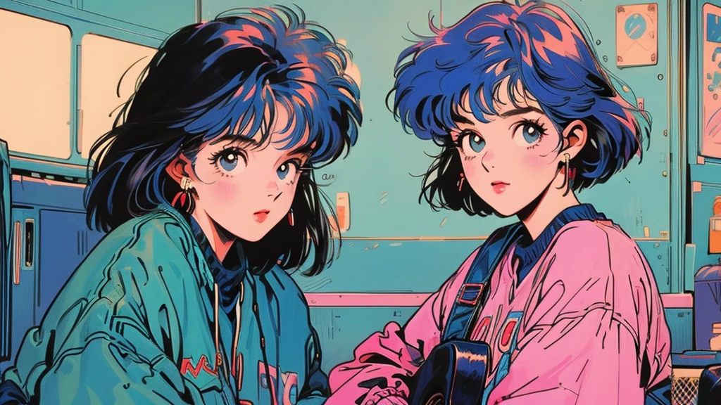 the 90s，City Pop，Retro Pop，Bob Hair，play the guitar，The background is in the room，1 person，smile