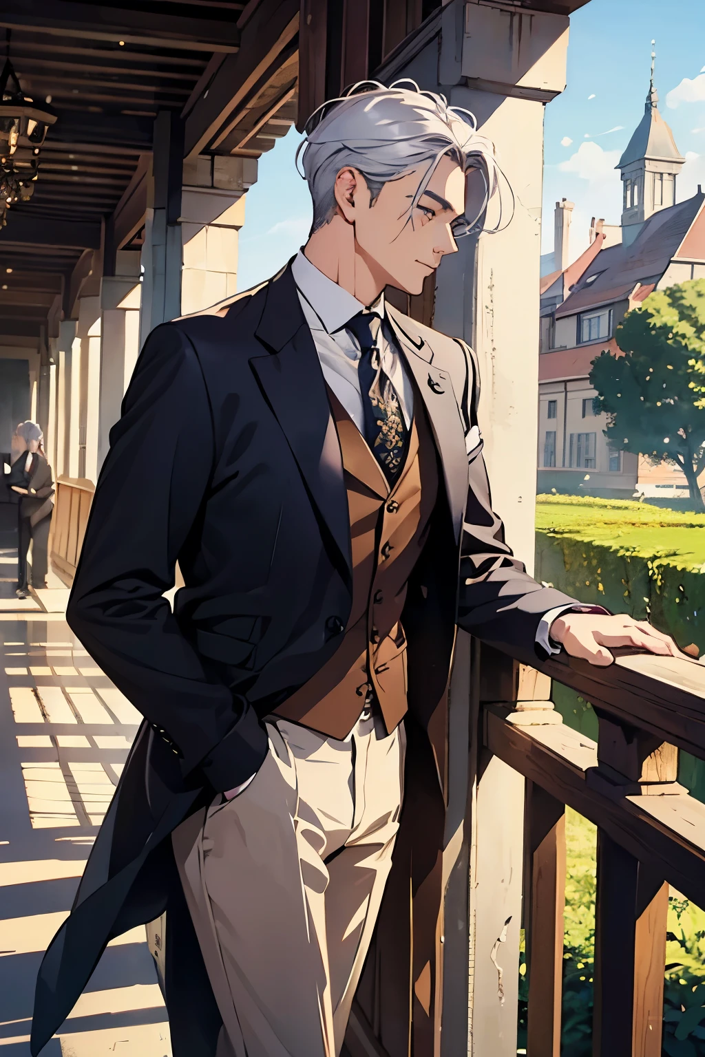 masterpiece, Highest quality, Super detailed, 1 man in his 40s, Male Focus, good looking, fence, Spindle Tree, Afternoon Sun, after school, suit, From the side, Depth of written boundary,Silver Hair,