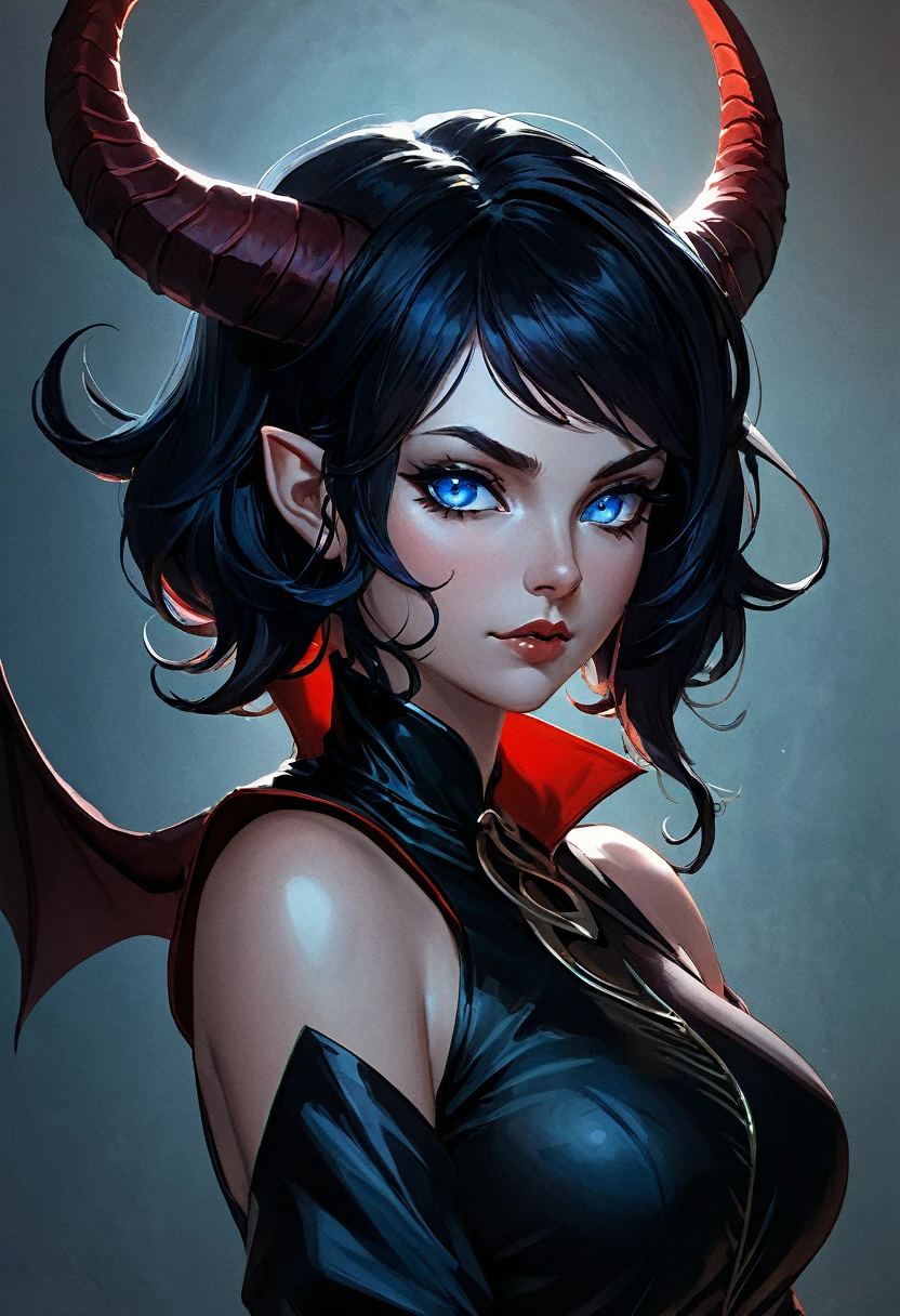 studio portrait of female demon,Tiefling, female, horns,blue eye,short ears,short hair, red skin, dragon horns, , Tiefling, mysterious, black ram horns, black curled horns, curved horns, demon horns, long black hair, rpg, slim waist, wide hips, long legs,artstation trending, high quality, sombre mood, artstation trending, , fantasy, extremely detailed, digital painting, artstation, concept art, smooth, sharp focus, illustration, stunning lighting, art by artgerm and greg rutkowski, curvy woman, mature woman, beautiful and lusty face and body, harmonic face and body, best quality, , unreal motor render, grumpy lighting, glow, bright, mysterious, mystical, magical, rim lighting, vibran