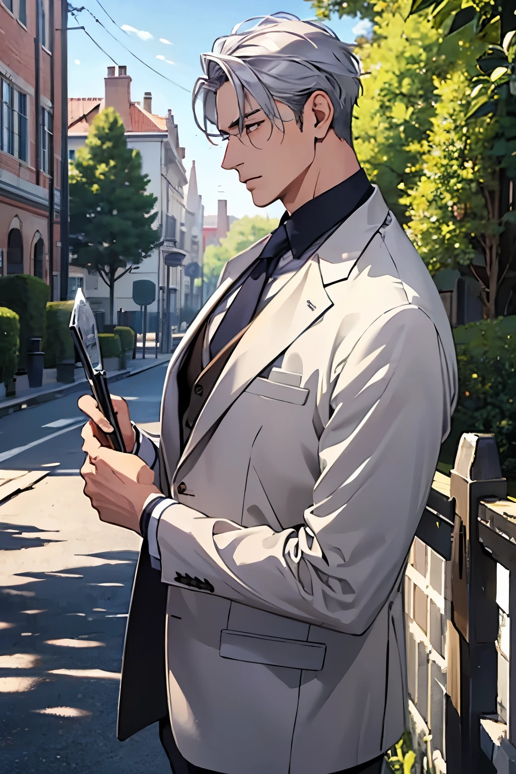masterpiece, Highest quality, Super detailed, 1 man in his 40s, Male Focus, good looking, fence, Spindle Tree, Afternoon Sun, after school, suit, From the side, Depth of written boundary,Silver Hair,