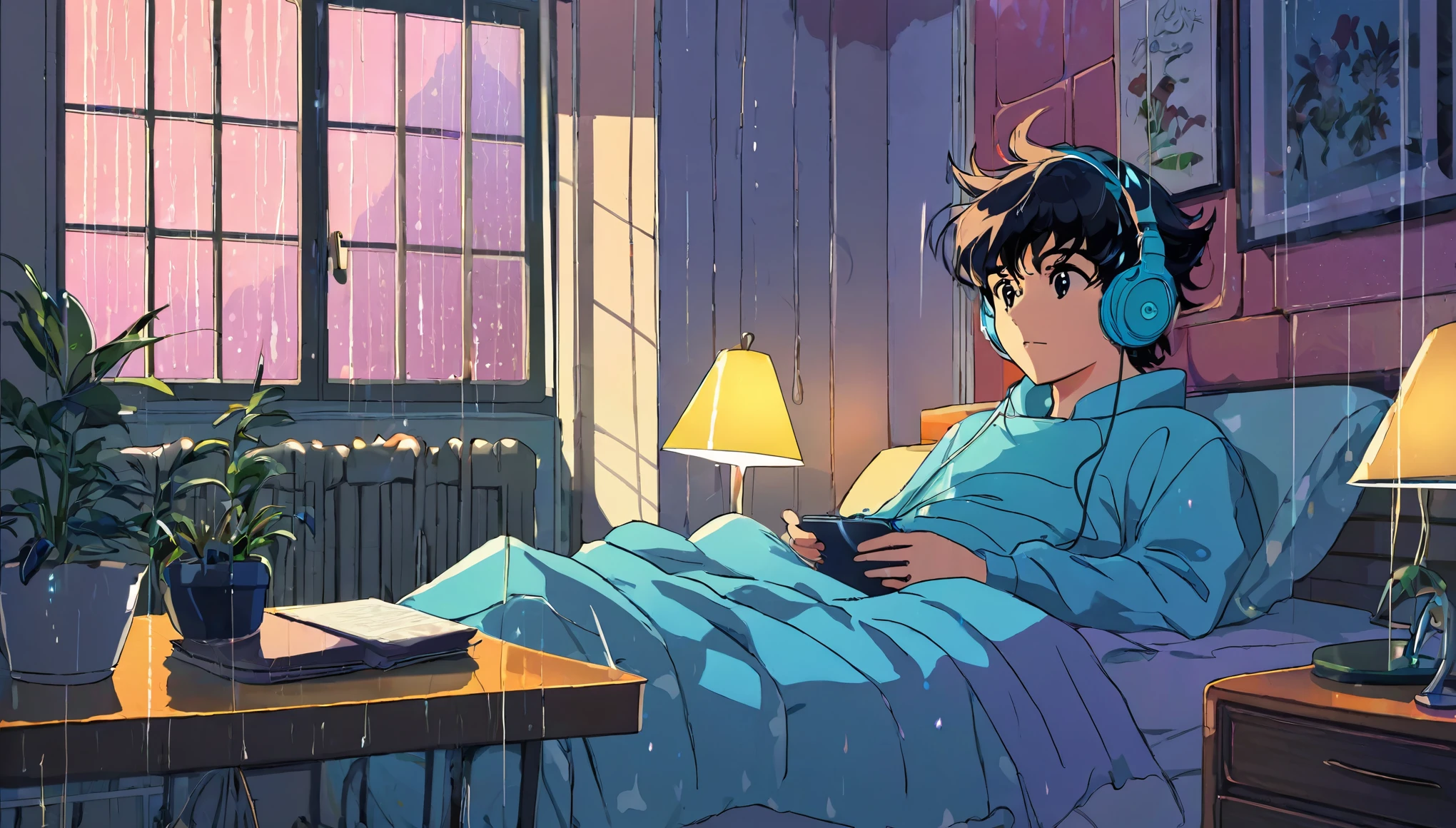 jantar: A young and vibrant character, with typical 80s anime characteristics, is lying in his bed, listening to music on your headphones. He seems calm and immersed in the melody. The room is cozy, with retro 80s style decor. scenario: Uma grande janela de vidro no fundo da sala mostra um scenario externo de chuva intensa. Raindrops run down the window, creating a melancholic and nostalgic effect. The lighting inside the room is soft, with diffused lights that enhance the contrast between the cozy interior environment and the rainy weather outside. Visible atmosphere and style