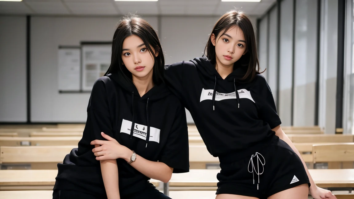 deux femmes ensemble de 18 ans sexy et mince , black short sleeve hoodie , salle de classe, se touche,position sey,sensuel