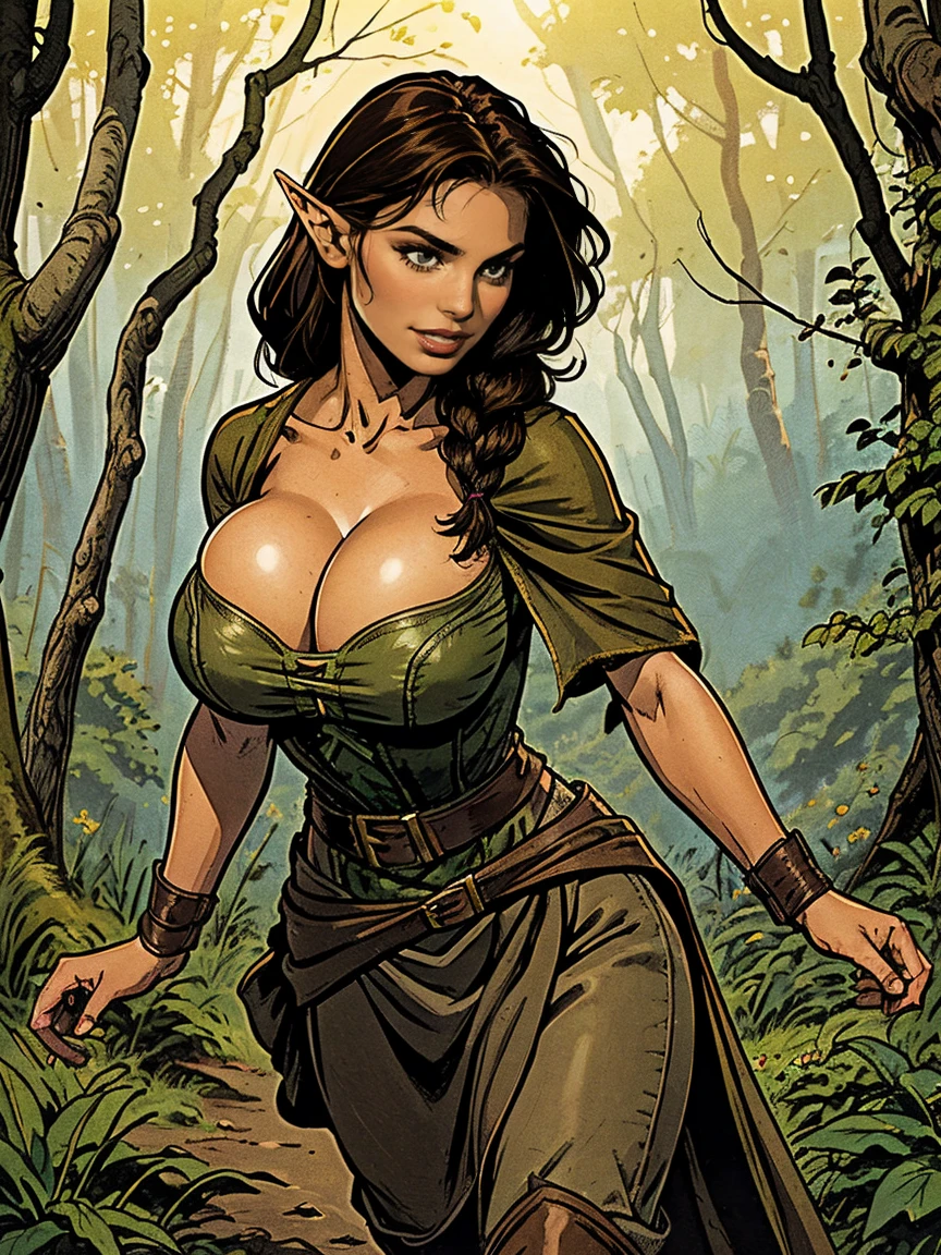(masterpiece, top quality, best quality, official art, beautiful and aesthetic:1.2), (1girl:1.3), dark brown hair in a single braid, extremely detailed, portrait, looking at viewer, solo, (full body:0.6), detailed background, close up, cat eyes, (warm summer forest theme:1.1), (elf) ranger, charlatan, smirk, mysterious, running in forest, revealing ranger attire, brown leather, cowl, cloak, corset, long boots, buckles, straps, pouches, bow and arrow, green fabric, brown leather, ((((gigantic breasts, cleavage, skindentation)))), slim waist, slim hips, long legs, medieval (forest exterior:1.1) background, dark mysterious lighting, shadows, magical atmosphere, dutch angle,