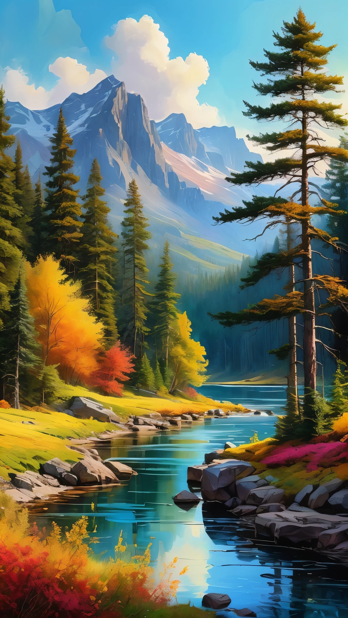 painting of a mountain river with a forest and a mountain in the background, mountains river trees, majestic nature scenery, detailed painting 4 k, nature painting, nature scenery, nature wallpaper, scenery art detailed, stunning nature in background, 8 k hd detailed oil painting, detailed scenery —width 672, scenery wallpaper, landscape art, beautiful nature