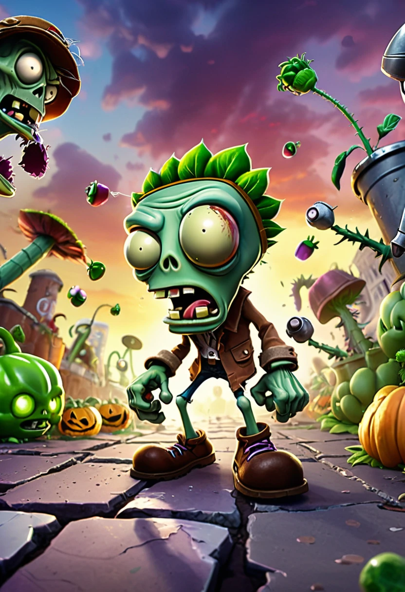 (game, "Plants vs. Zombies"), the plants on the front line take on vivid forms, showcasing their determination and courage in defense. The background is a shattered wall and a shattered sunset, and the camera is a close-up shot to showcase the resilience of the plants, full body, (Photography), panoramic view, award-winning, cinematic still, emotional, vignette, dynamic, vivid, (masterpiece, best quality, Professional, perfect composition, very aesthetic, absurdres, ultra-detailed, intricate details:1.3)