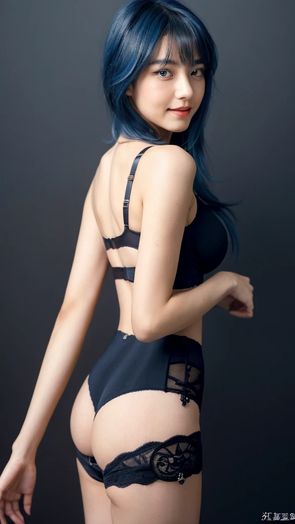 8K, Top Quality, Intricate Details, Ultra Detail, Ultra High Resolution, Masterpiece, close up shot, shot from behind, (Looking back), standing, Slender, Smile, blue hair, (Makeup: 0.4), (Fluffy red Eyes: 1.21), red eyes, 1girl, solo, 1 girl, (( full body)), close up shot, ((Blue hair, bangs, long hair)) , ((tall)), (((fit body))), (((slim face))), sharp face, )), (detailed face), sharp face, small lips, ass up , ,
((bra,panties )), detailed face, detailed breast, , large breast, huge breast, detail ass, Narrow Waist, Skinny, , Muscular, , Pointed Chest, detail ass,large ass , Beautiful girl , Bust Botox, Big, Perfect Body, detail leg, (( dark background)), black background,