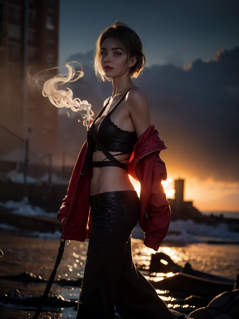Realistic Photography, Beautiful elder Female Short hair. The atmosphere is horrific, laden with sadness and a profound sense of melancholy. The woman's torn clothing is rendered with vibrant colors. [The character is surrounded by mist, evoking a mysterious and eerie atmosphere. The lighting is dark and atmospheric, with a red smoke adding a touch of sinister ambiance. The image is of the best quality, with a resolution of 4k and HDR enhancement, showcasing the utmost level of detail and realism, sfw, full body shot.]. [8K, Best Quality, Masterpiece, Ultra High Resolution, (highly detailed CG unity 8k wallpaper), (best photo), (best shadows), isometric 3D, octane rendering, ray tracing, highly detailed, (Best quality, 4K, 8k, A high resolution, masterpiece:1.2), absurdity, masterpiece, ultra detailed, (realistic, photorealistic, photorealistic:1.37), complex parts, HDR, (complex parts:1.12), (hyper detailed, hyper realistic, Soft lighting, spicy:1.2), (complex parts, Hyper detailed:1.15). Blurred foreground. (backlit), realistic, masterpiece, high quality, brightness, chromatic aberration, 8k uhd, some smoke, shadows, contrast, clear sky, (warm hue, warm tone), high details, natural reflections]. 