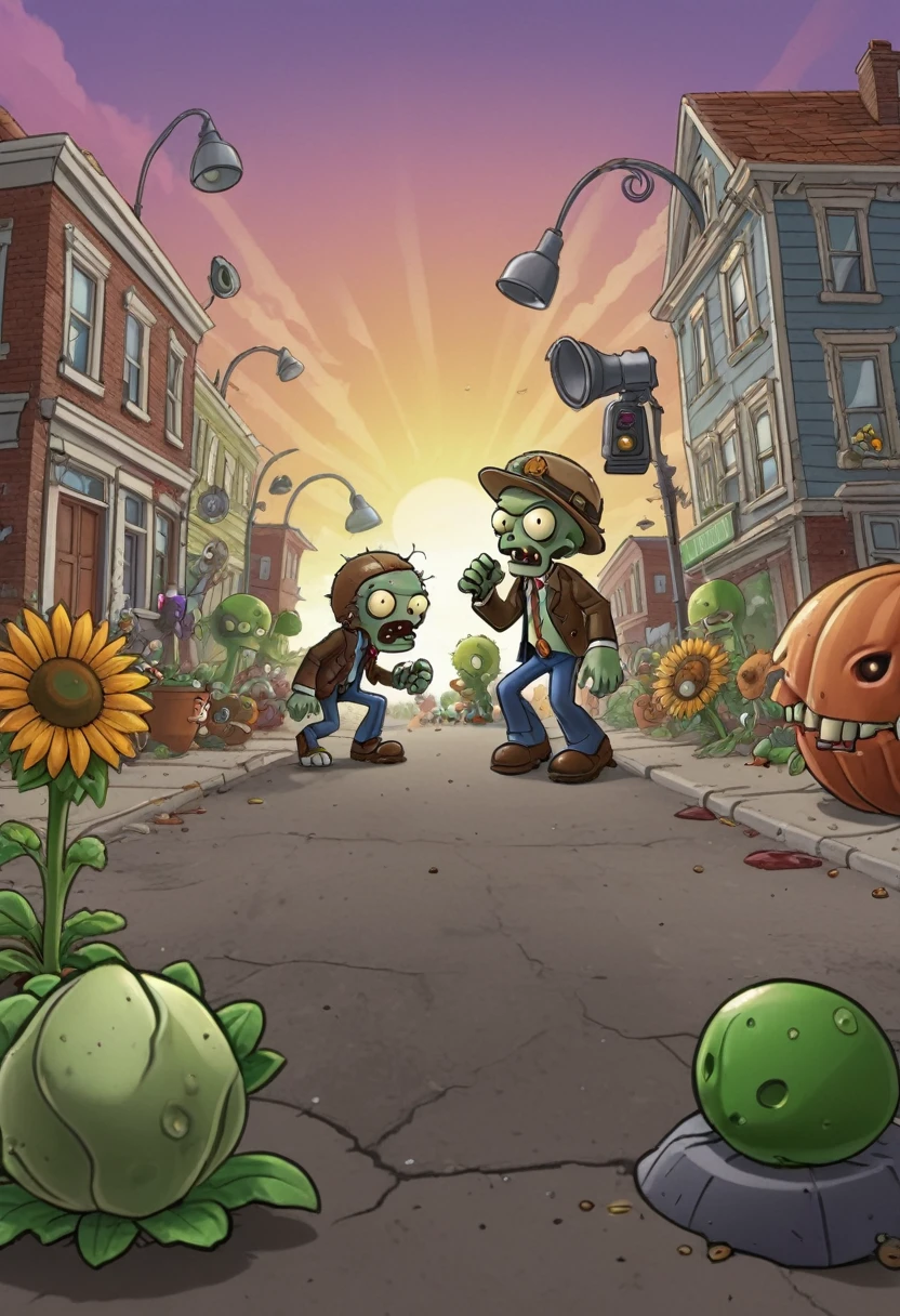 (game, "Plants vs. Zombies"), the plants on the front line take on vivid forms, showcasing their determination and courage in defense. The background is a shattered wall and a shattered sunset, and the camera is a close-up shot to showcase the resilience of the plants, full body, (Photography), panoramic view, award-winning, cinematic still, emotional, vignette, dynamic, vivid, (masterpiece, best quality, Professional, perfect composition, very aesthetic, absurdres, ultra-detailed, intricate details:1.3)