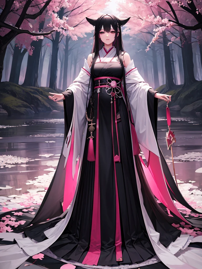 best quality, character design sheet, adult woman、No hat on, Black and pink hair, whole body, Head to Toe, Fortuneteller、Standing facing forward, Beautiful black dress, long Black Hair, Pure white background, from front, best quality, Cherry blossom pattern、Japanese、Adult Japanese、Clear eyes、Standing facing forward、The face is facing forward、holding a magic card in hand、White background、Black western dress、Neutral face、Black hair with pink inner color